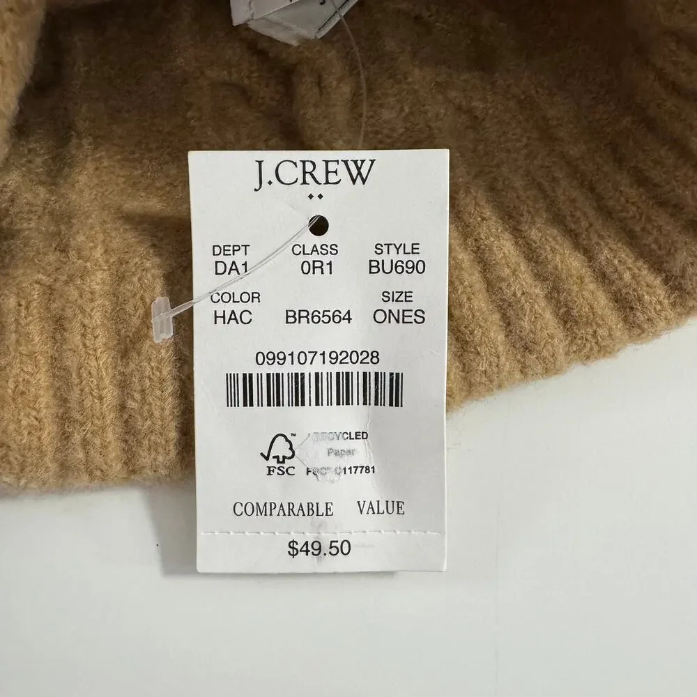 NWT J. CREW Pom Beanie Extra-Soft Yarn Tan Cream One Size Hat Wool Blend